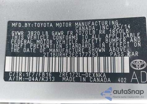 2014 Toyota Corolla Le from USA, damaged, VIN 2T1BURHE2EC177793